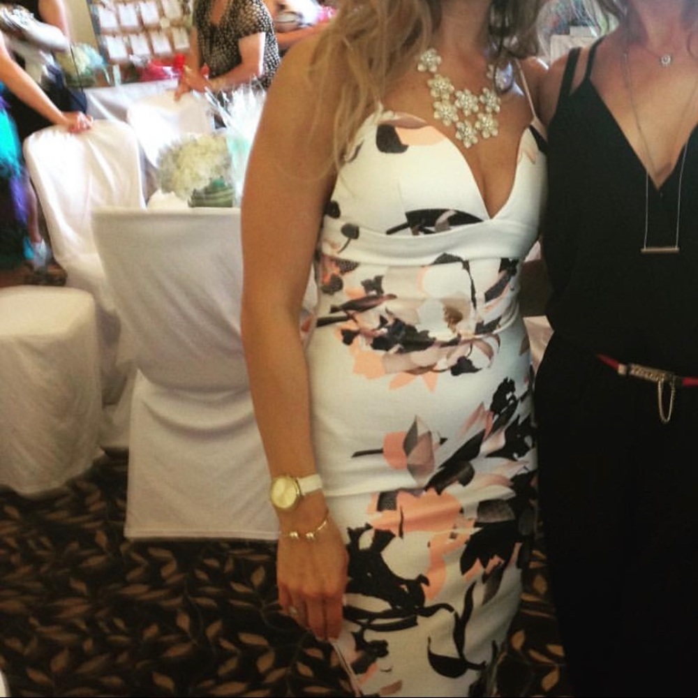 Chic Floral Midi Dress in Black, Pink, and White